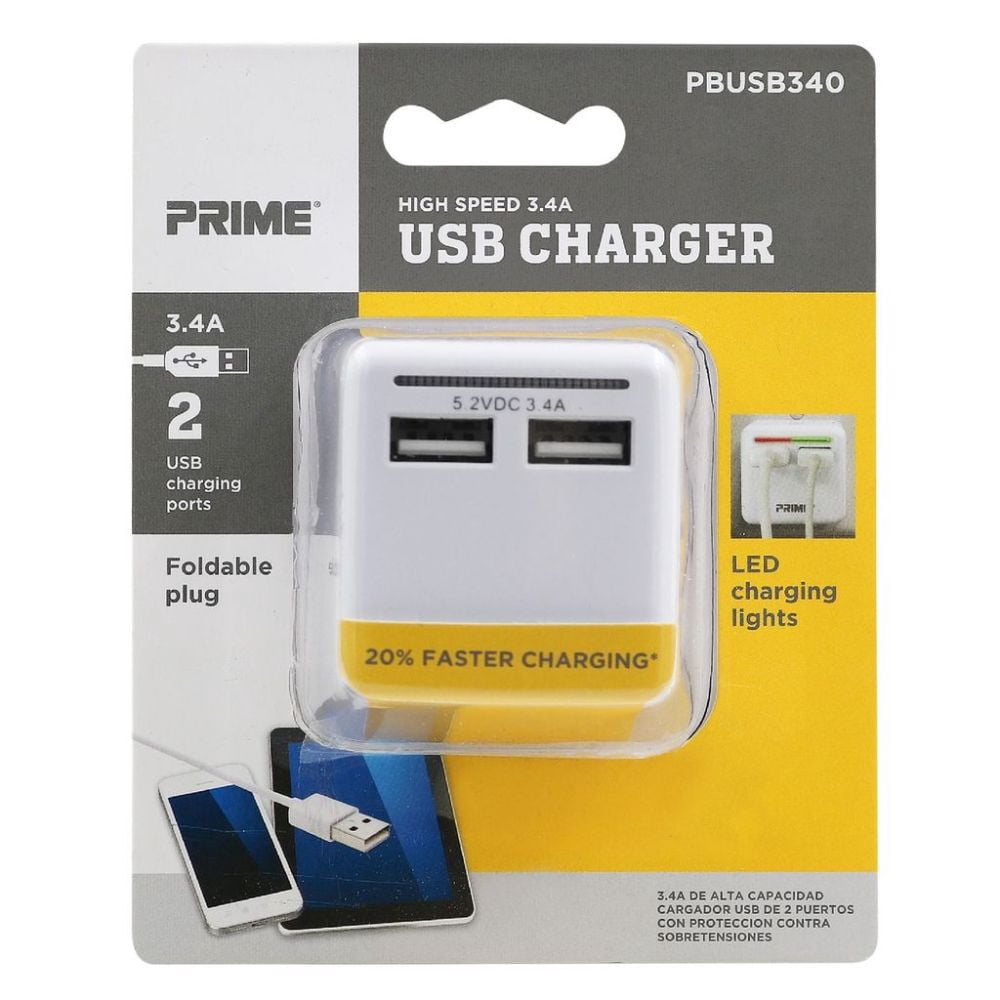 Prime 2 Port Usb Travel Charger With Retractable Plug