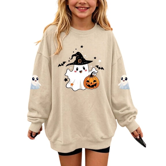 Cethrio Girls Halloween Sweatshirts Size 7-8 T, Fall Graphic Fleece Lined Long Sleeve Halloween Tops Khaki