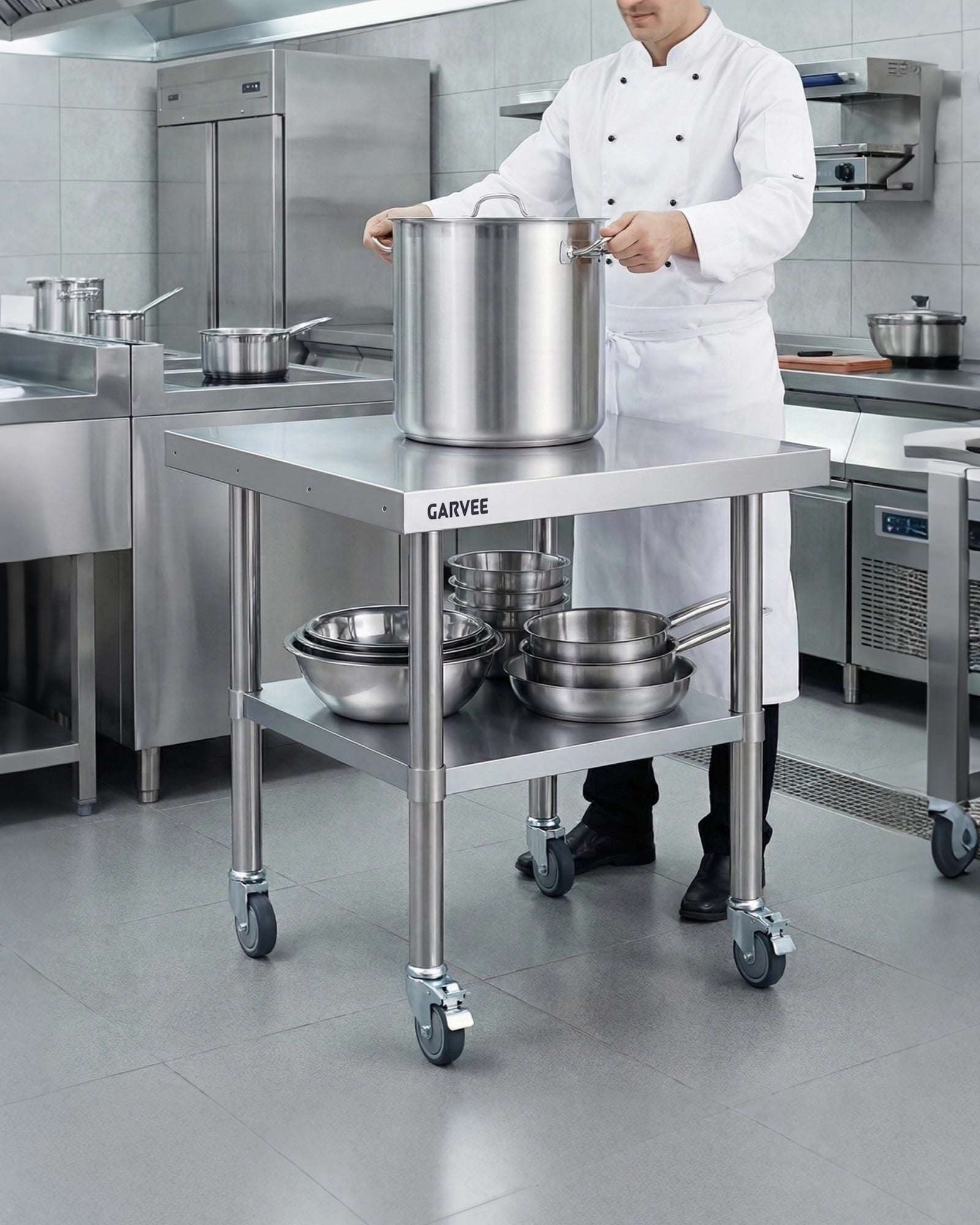 QinaQin Stainless Steel Workbench with Removable Three-Sided Backsplash and Four Locking Wheels, Heavy-Duty Commercial Kitchen Preparation Cart