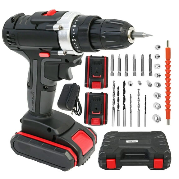 CATGOOD 21V Drill with 2 Batteries and Charger, Multi-Functional Cordless Drill Set Power Drill Kit Electric Hammer Drill for Drilling and Screw Tightening/Loosening, Black