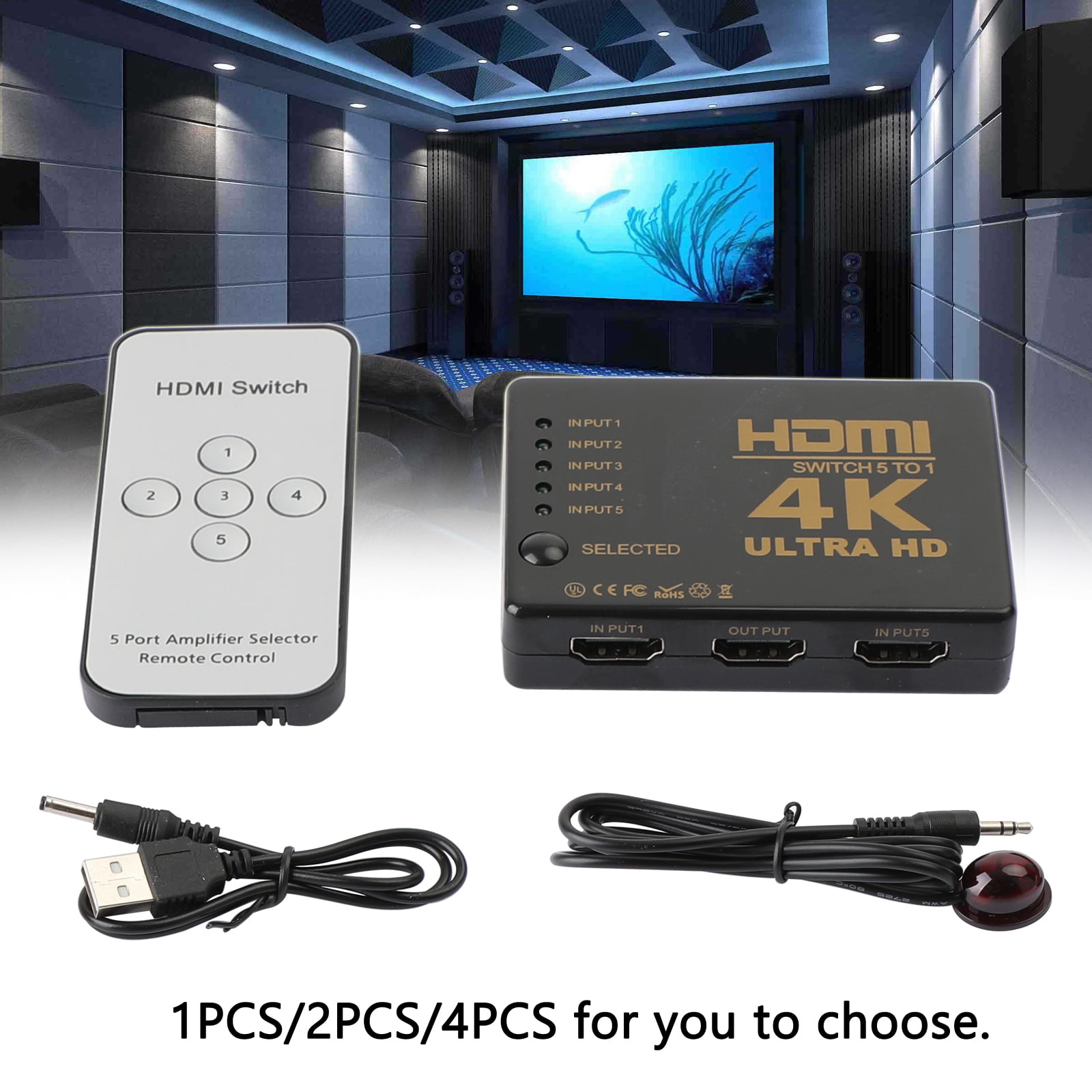 3D with IR Remote Full HD1080p VILCOME Intelligent 5-Port HDMI Switch Splitter switcher Supports 4K HDMI Switch