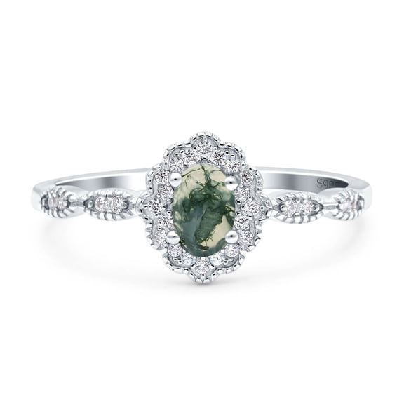 Natural Green Moss Agate Size-5 Art Deco Oval Vintage Style Floral Halo CZ Wedding Engagement Ring For Women 925 Sterling Silver Gifts For Her