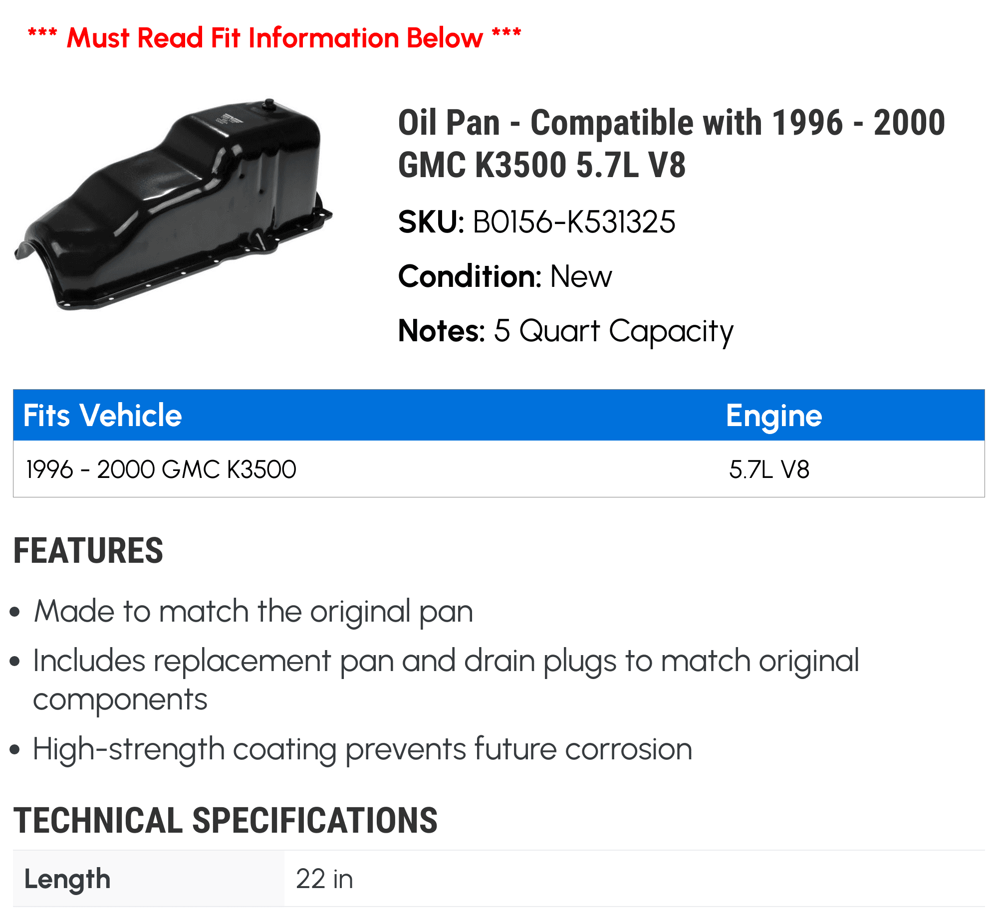 Oil Pan - Compatible with 1996 - 2000 GMC K3500 5.7L V8 - Dorman
