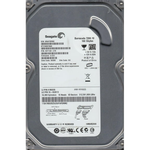 ST3160815AS, 6RA, SU, PN 9CY132-278, FW 4.CCC, Seagate 160GB SATA 3.5 Hard Drive