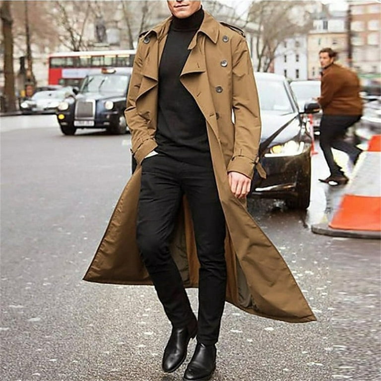 VSSSJ Men's Winter Simple Trench Coat Relaxed Fit Solid Color Long