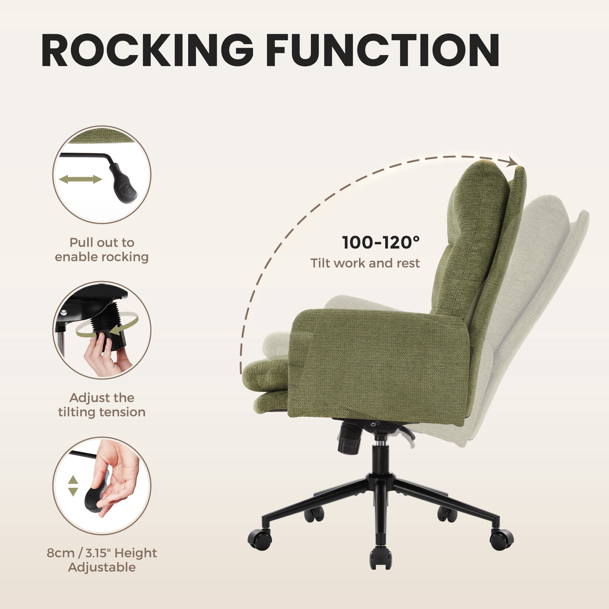 Upholstered Desk Chair with Wheels, High-Back Office Chair, Adjustable Height & Swivel, Ergonomic Computer Chair for Home Office, Bedroom