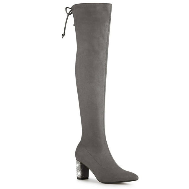 Unique Bargains Women's Chunky Heels Rhinestone Over the Knee High Boots Grey (Size 11)