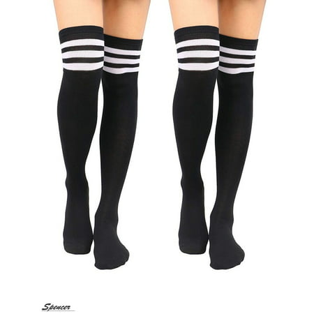 Spencer 2 Pairs Women Stripe Tube Socks Over the Knee Leg Knit Crochet Legging Warmer Thigh High Boot Socks (Best Socks To Wear With Boots)