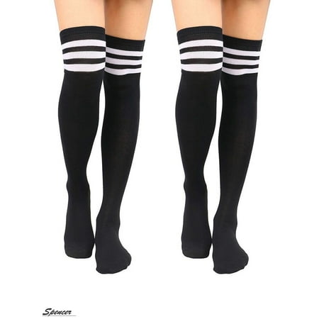 Spencer 2 Pairs Women Stripe Tube Socks Over the Knee Leg Knit Crochet Legging Warmer Thigh High Boot Socks (Best Socks To Wear With Combat Boots)