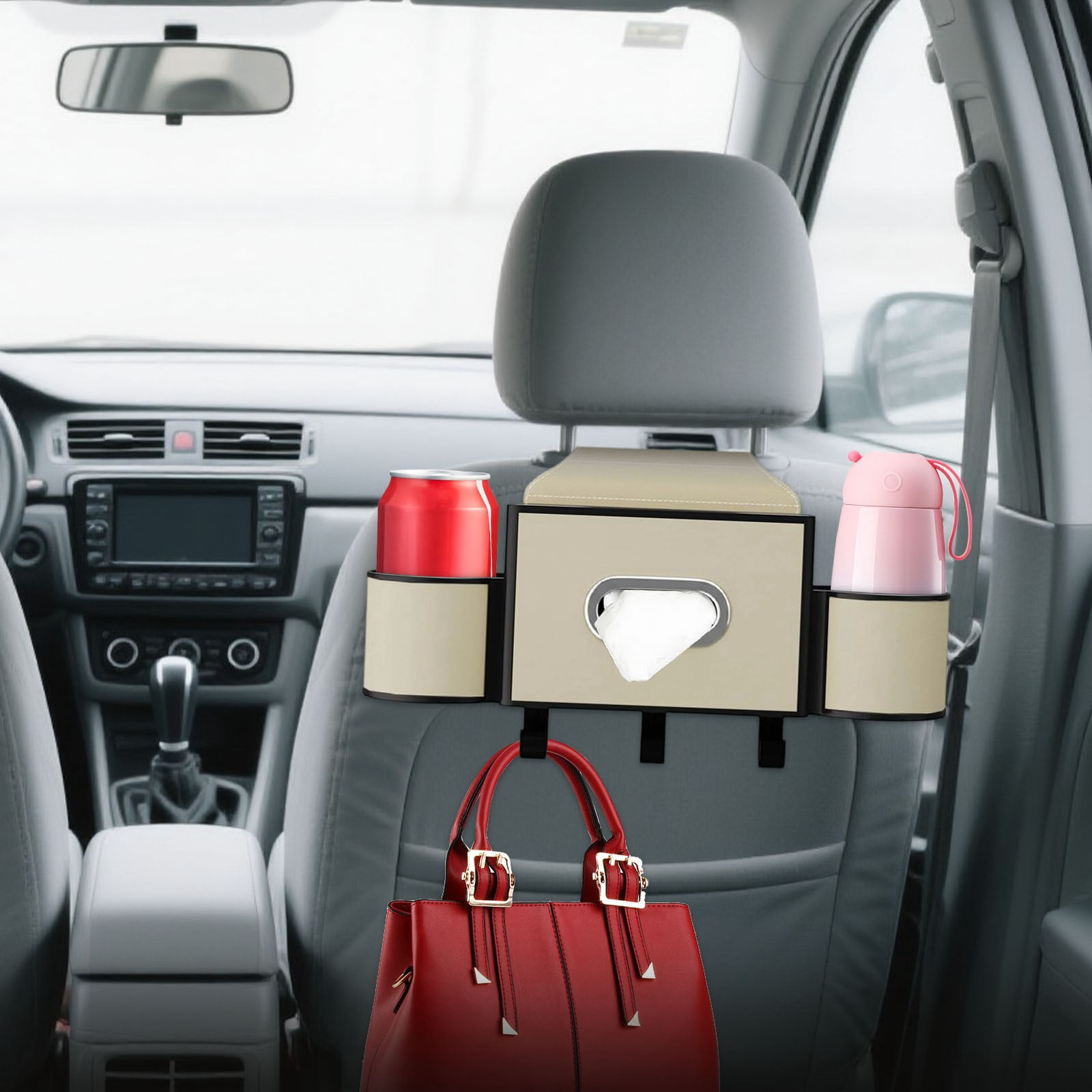 COM1950s Car Seat Organizer with Cup Holders, Backseat Storage Multi-Function Pocket for Tissues, Adjustable Straps for SUV and Vehicle Interior Accessories