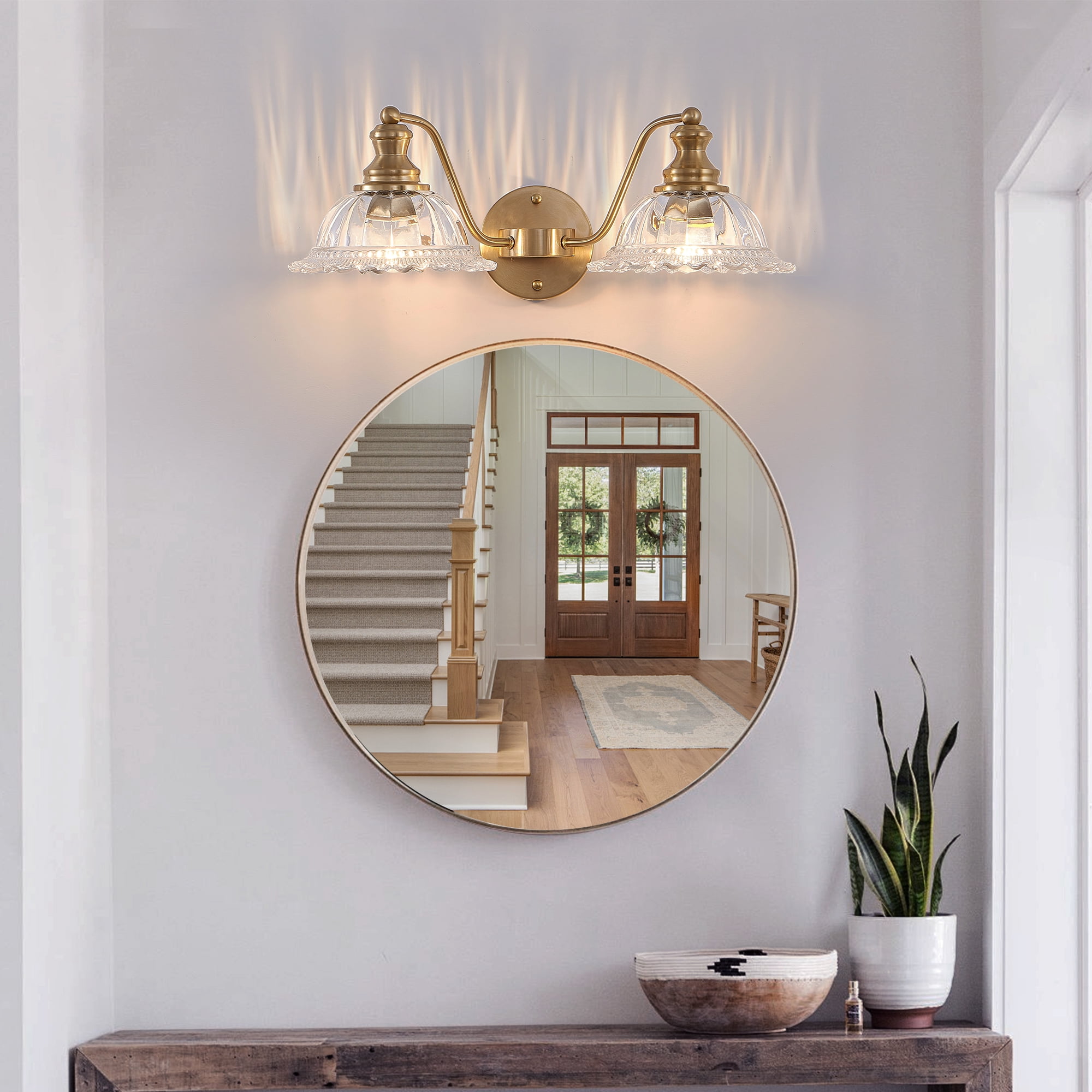 HomArltek 20 Inch Gold 2-Light Vintage Bathroom Wall Sconce – Elegant Gold Metal and Glass Lampshade Vanity Light Fixture for Bathroom, Hallway, or Bedroom (Bulb Not Included)