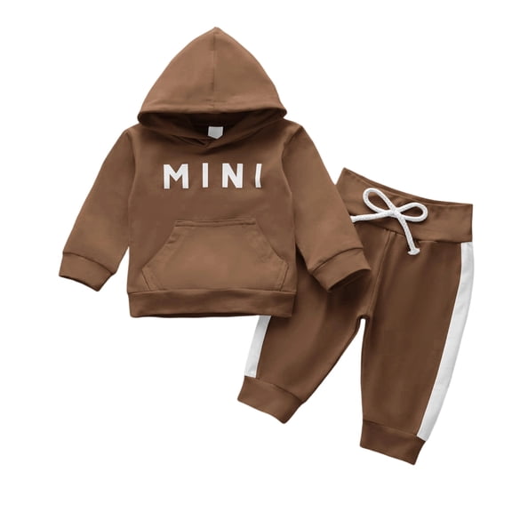 CYRBOKO Baby Boys Cotton Outfits, Spring Two-piece Long Sleeve Elastic Waist Hooded Sweatsuits Brown Size 18-24 Months