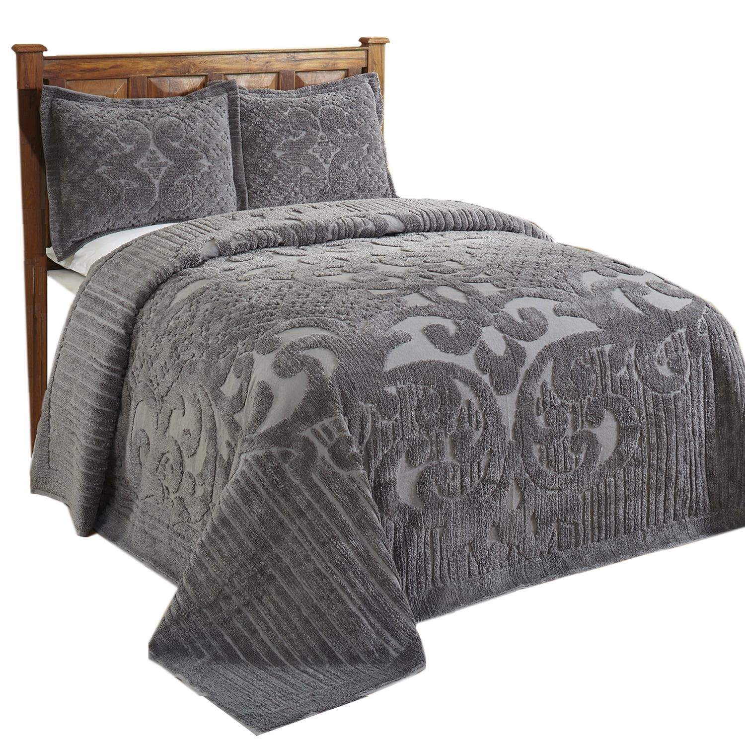 Better Trends 3 Piece Chenille Bedspread Set for Queen Bedspread 100% Cotton Lightweight Bedspread for all Season Ashton Collection (Gray)