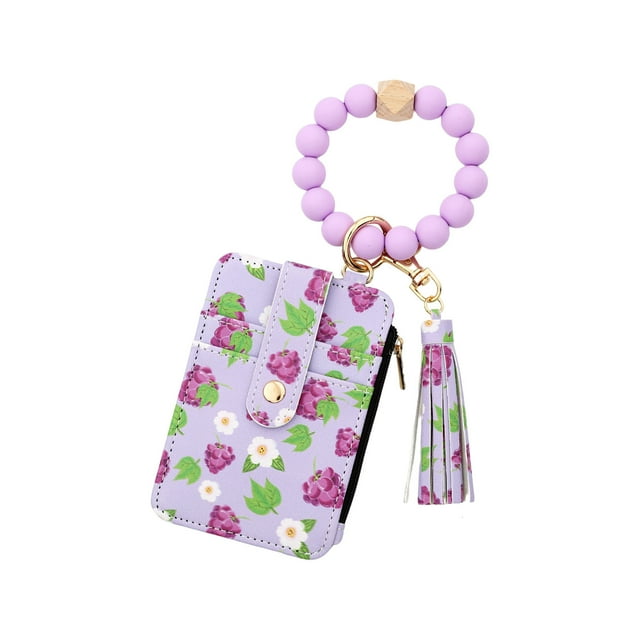 Cartera con tarjetero, cartera de pulsera, monedero, monedero de bolsillo para mujer, monedero, llavero con borla de cuentas moradas, llavero tipo brazalete, llavero con pulsera, cartera con broche, u