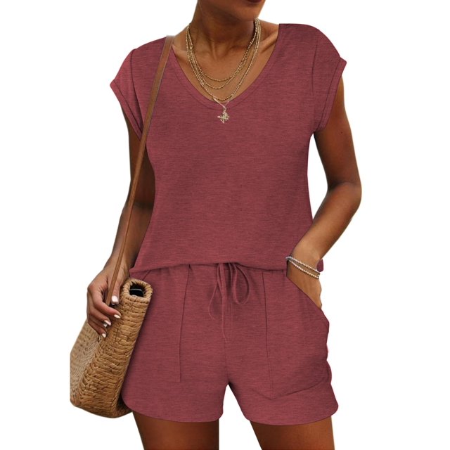 Conjunto de pijama Ekouaer, ropa de dormir de manga corta para mujer, color vino S