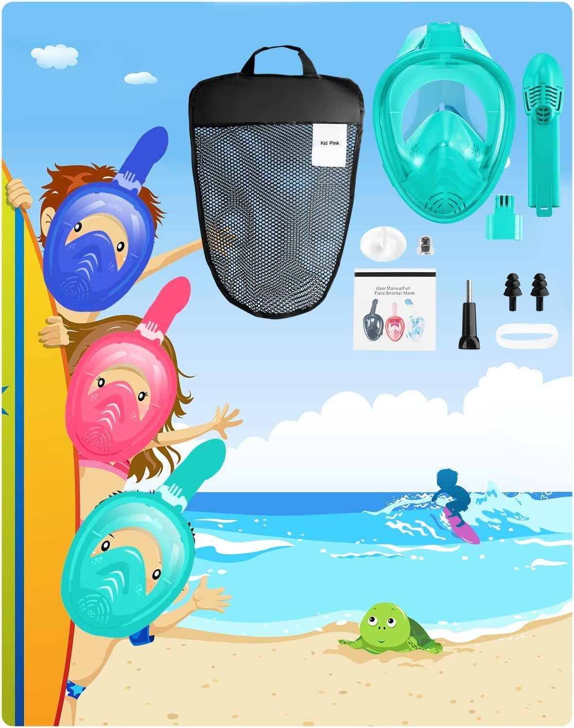 Gintenco Full Face Snorkel Mask, Kids Diving Mask with Innovated Anti- Leak Snorkeling Gear 180 Panoramic View with Removable Camera Mount Green
