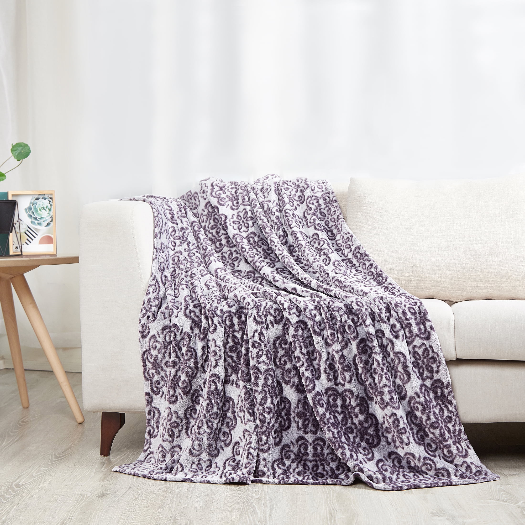 SoftLux Frosted Purple Texture Medallion Velvet Plush Fleece Throw Blanket, 50" x 60", Adults and Teens