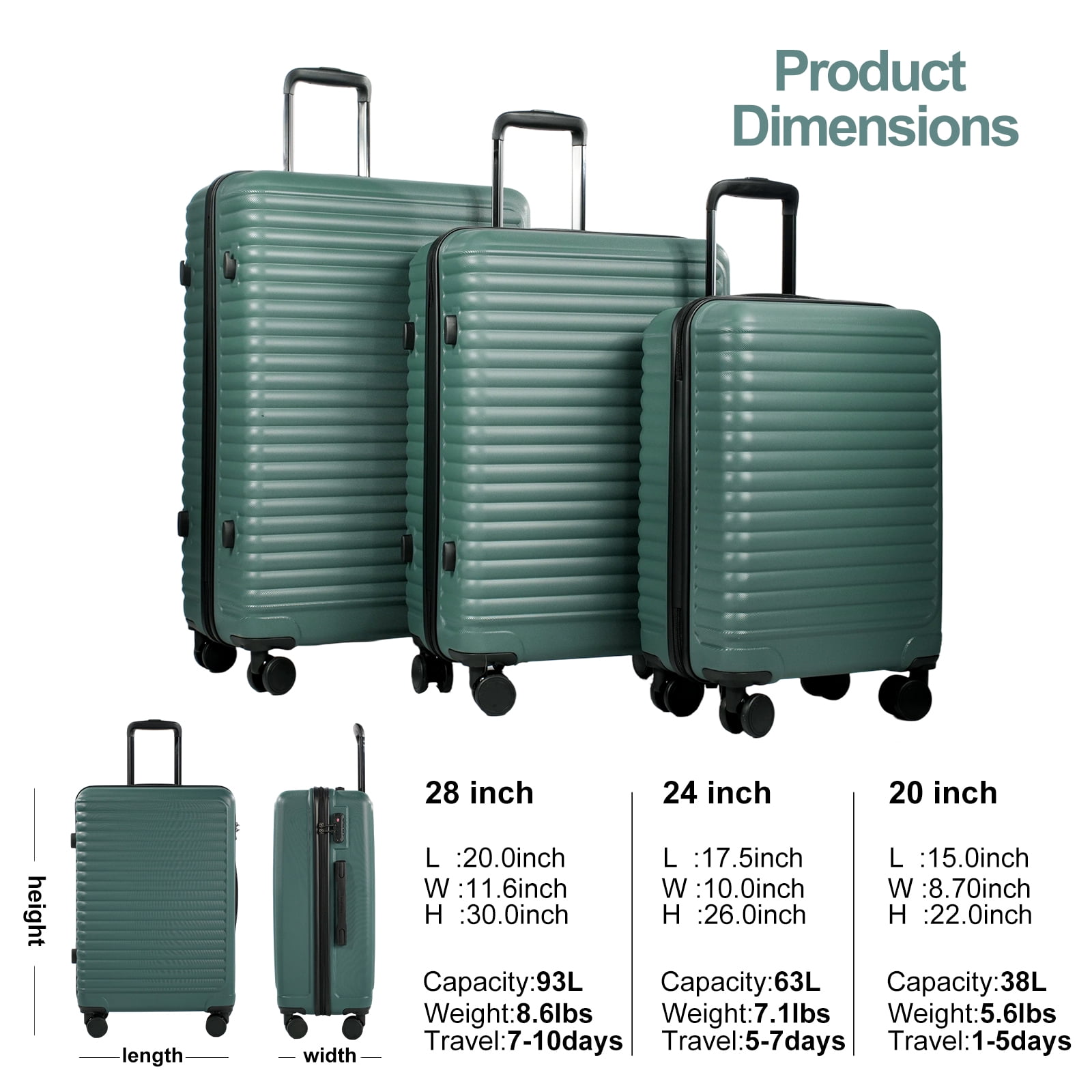 Travelhouse 3 Piece Hardside Luggage Set Hardshell Lightweight Suitcase with TSA Lock Spinner Wheels 20in24in28in.(Green)