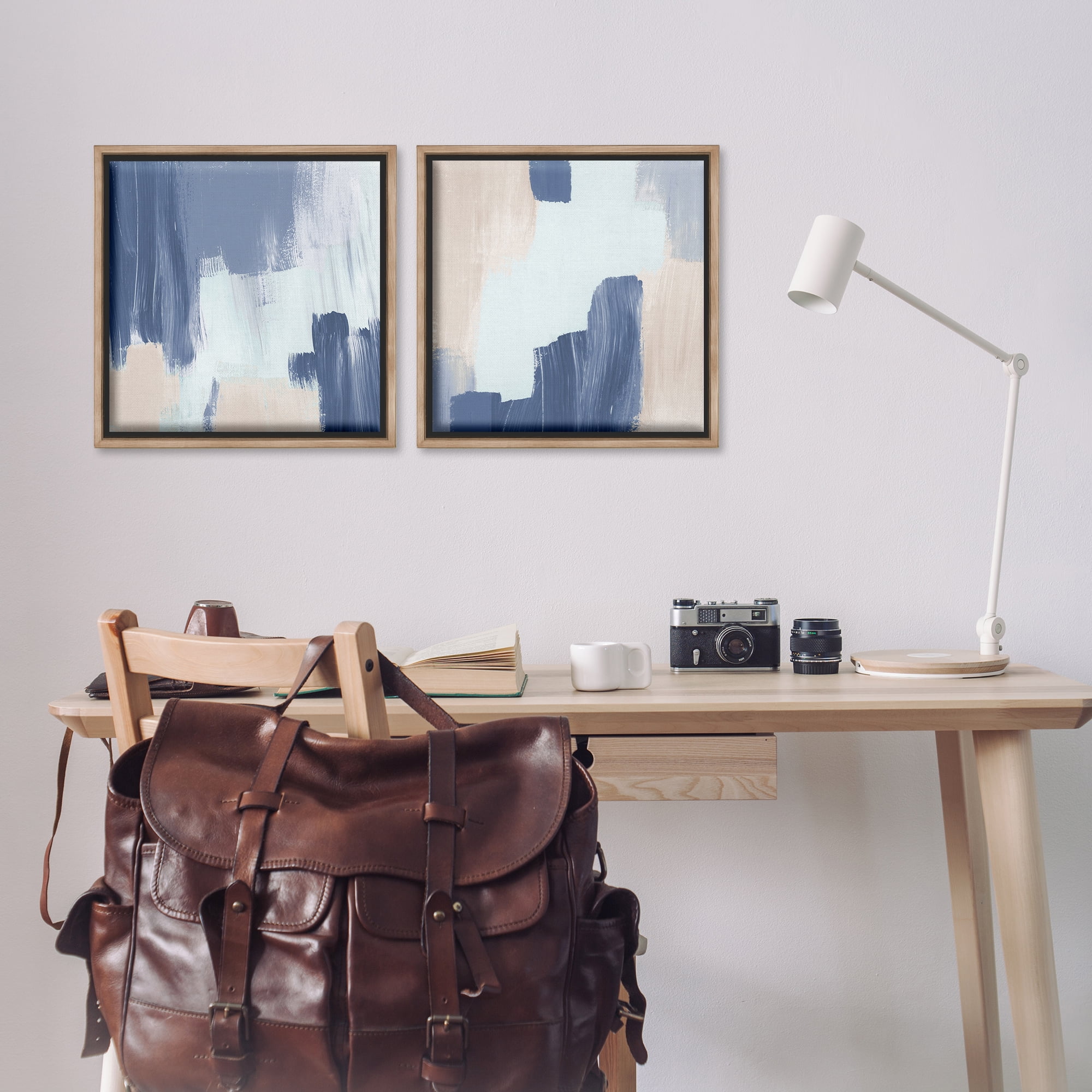 Stupell Industries Restless Blue Brush Strokes Abstract Painting Brown Floater Framed Canvas Art Print Wall Art, 18 x 18, Set of 2