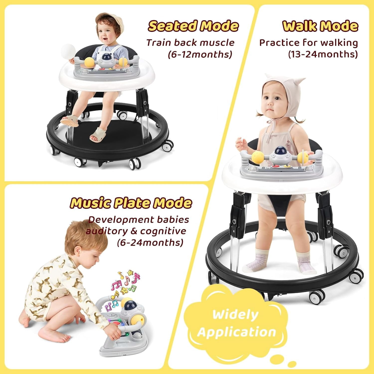 PRVAETU Foldable Baby Walker Activity Center W/ Music Toy,Wheels,Height Adjustable & Foot Pad for 6-18 Months Babies Infant Boys Girls,Black