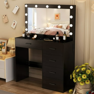 Ciumeeo Vanity Dressing Desk Makeup Dresser Table With Drawer & Large LED Lighted Mirror Black