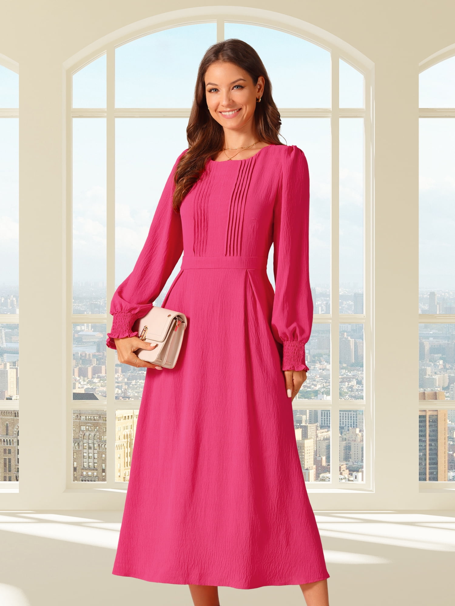 DARING DIVA Frilled Crewneck Long Sleeve Midi Fall Dress S Hot Pink