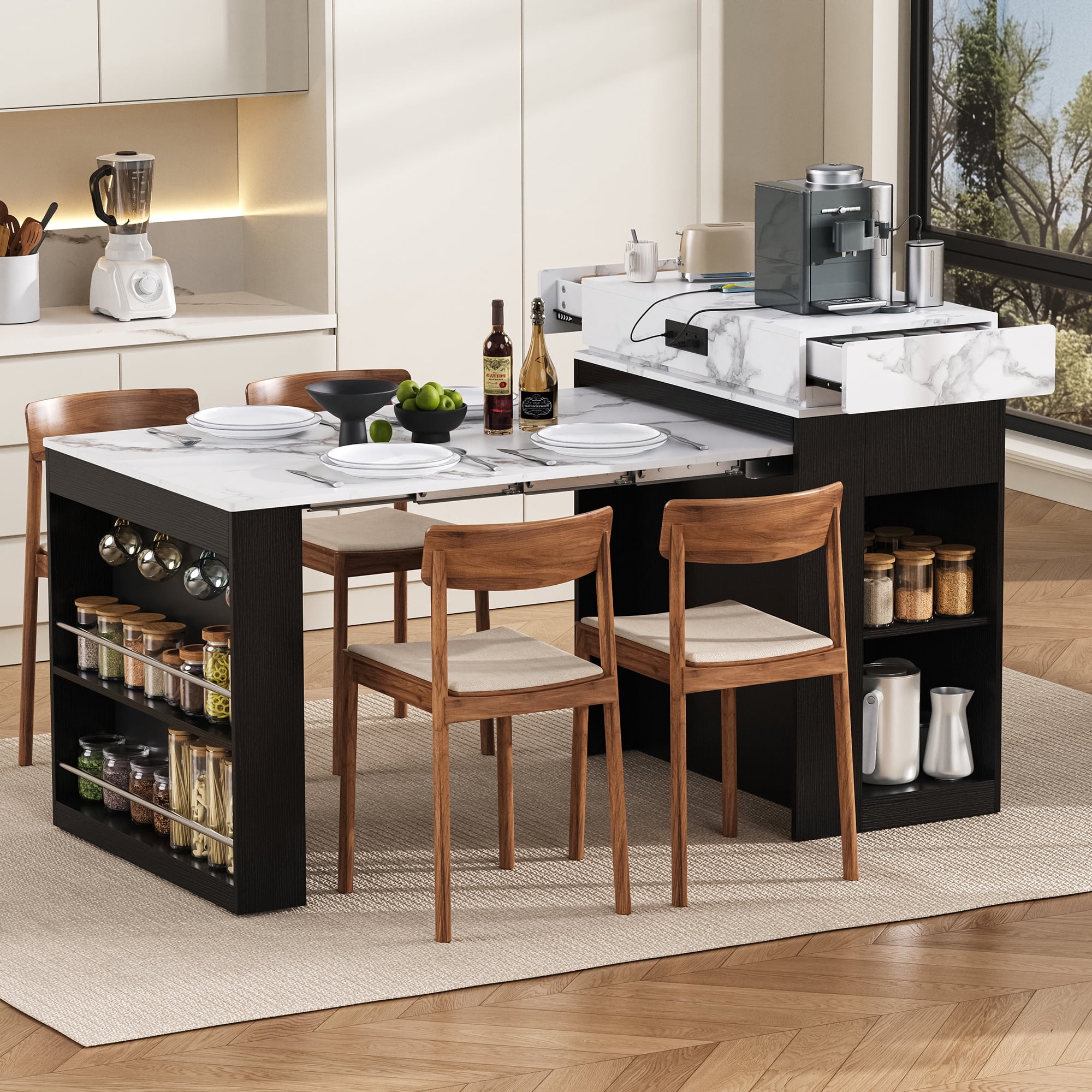 Euroco 57.7" Kitchen Island with Extendable Dining Table for 4,Rolling Mobile Kitchen Storage Table with 2 Drawers, Power Outlet,Hooks and Side Open Shelves, Kitchen Cart for Dining Room,Black