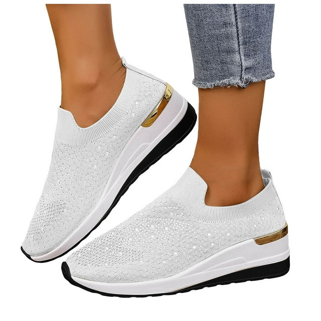 Chaussures de Marche à Plateforme Compensée pour Femmes avec Papillon Scintillant et Strass, Bling, Tricot d'Automne, à Enfiler, Chaussettes, Tennis Décontractées, Travail, Mocassins, Espadrilles