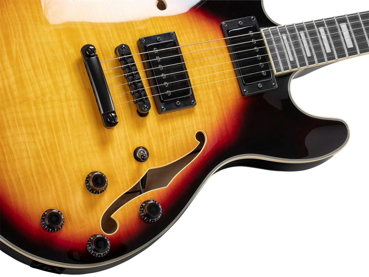 Monoprice Indio Boardwalk Flamed Maple Hollow Body Electric Guitar - Sunburst, With Gig Bag