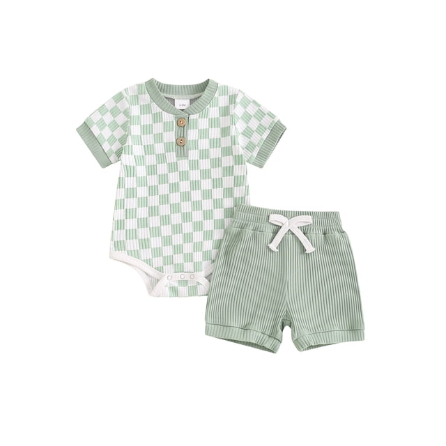 WIFORNT 2Pcs Baby Boys Summer Outfits Checkerboard Buttons Short Sleeve Romper and Shorts Clothes Set