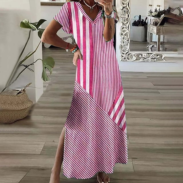 FcBaudy Robe à Manches Courtes Col en V, Robes d'Été pour Femmes, Robes de Mode pour Femmes, Robe à Manches Courtes Imprimée