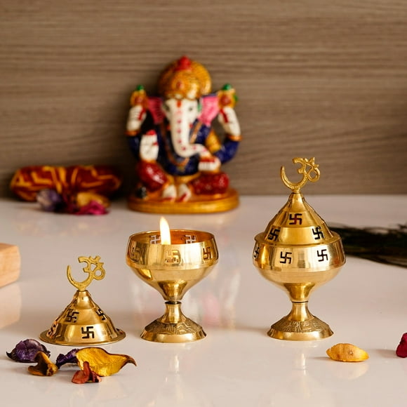 Set Of 2 Golden Om & Swastik Symbol Decorative Brass Diya - Auspicious Designer Akhand Diya For Puja Room, Home, Office, Temple Decor