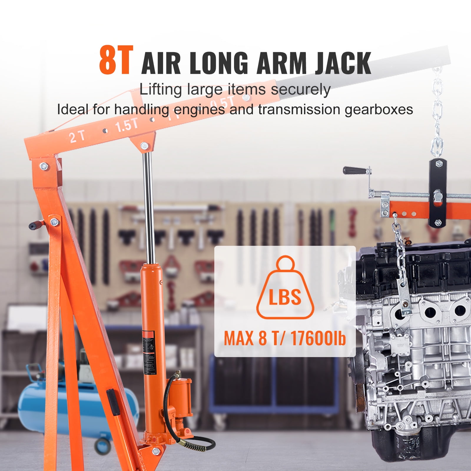 KFFKFF Hydraulic Long Ram Jack, 8-Ton Capacity with Air and Single Piston Pump, Ram Cylinder with Clevis Base for Engine Lifts, Garage Cranes, and Farm Use