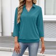 thumbnail image 7 of Qwertyu Womens Polo Shirts 3/4 Sleeve Banded Bottom Tops Business Casual Tops Collared V Neck Blouses Cyan L, 7 of 7