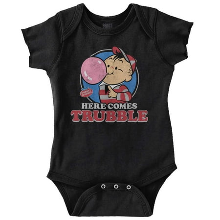 

Vintage Dubble Bubble Here Comes Trouble Romper Boys or Girls Infant Baby Brisco Brands NB