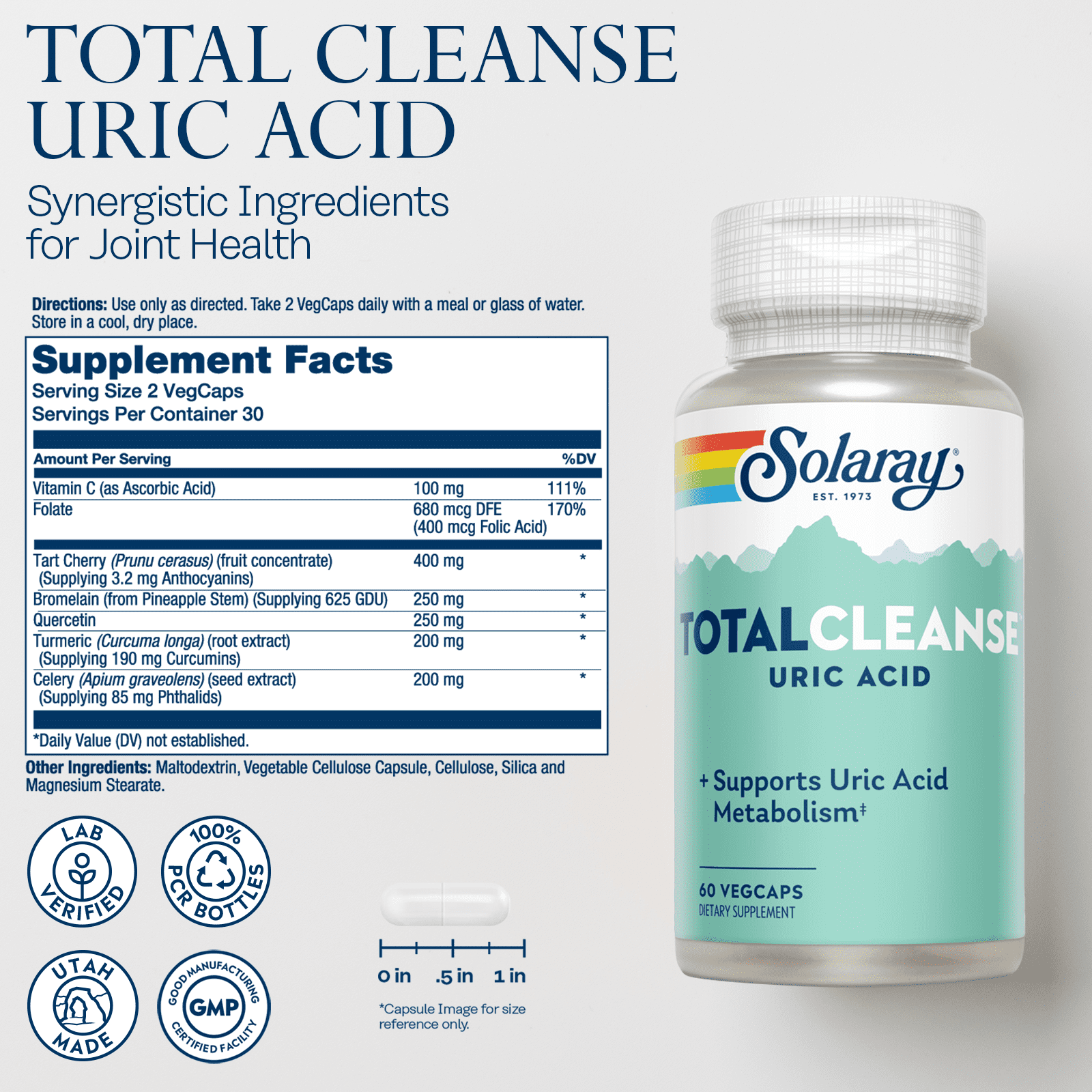 Solaray Total Cleanse Uric Acid | Tart Cherry, Bromelain, Quercetin and More | Joint Comfort Support | Vegan | 60 Caps