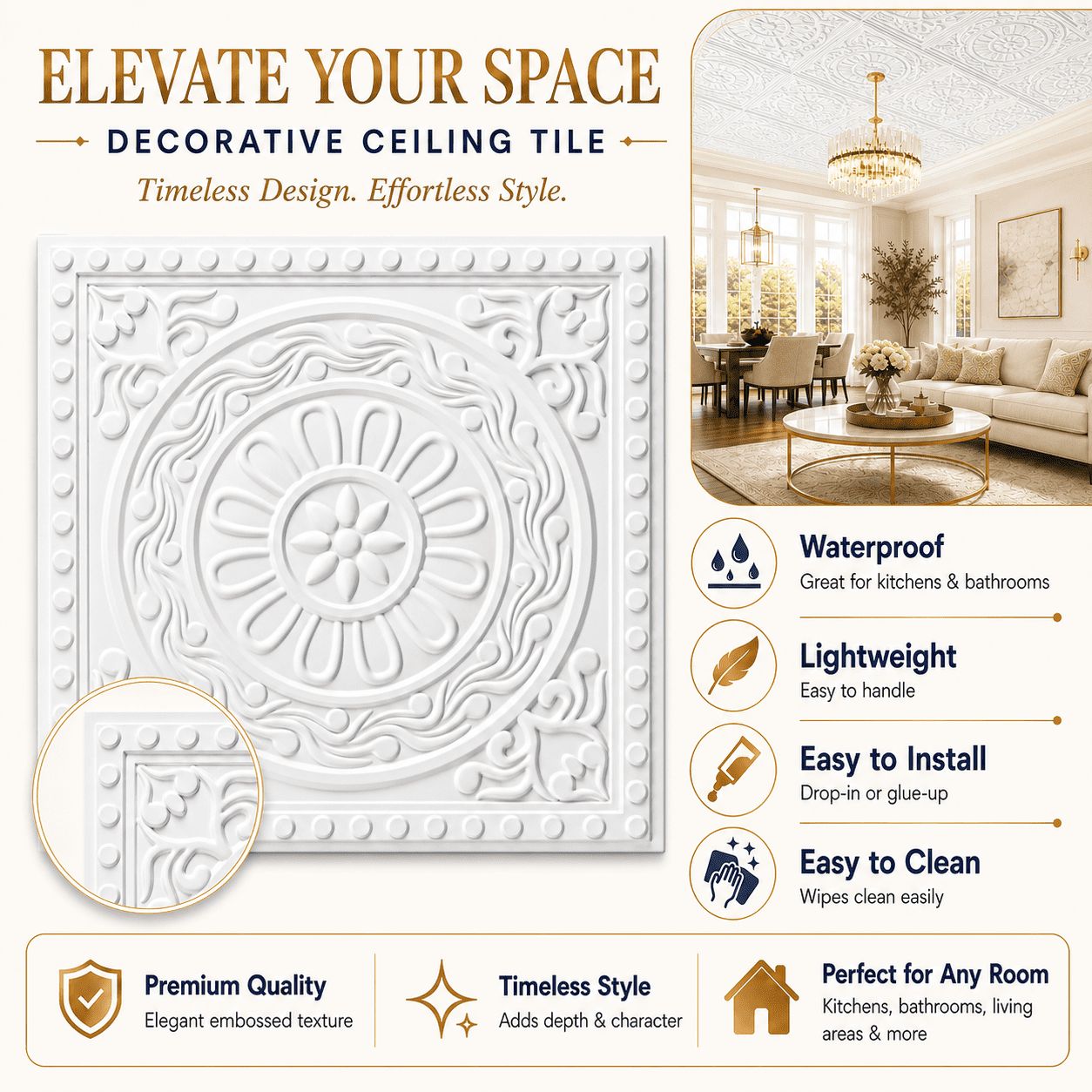 Yeslife 12-Pack Barque White PVC Drop Ceiling Tiles 2x2 ft Waterproof for Living Room Office, 48 sq ft