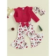 thumbnail image 3 of 3pcs Newborn Baby Girl Christmas Clothes Long Sleeve Ruffle Ribbed Romper  + Santa Claus Flare Pants+ Headband, 3 of 9