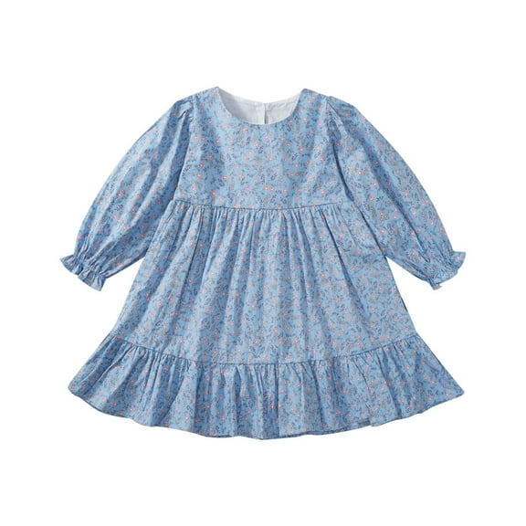 Tao Tao Girls Dresses Long Sleeve Toddler Girls Clothes Party Tulle Cotton Casual Dresses Floral Pleated Princess Dress Blue 100
