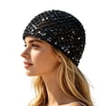 thumbnail image 2 of Qicasul Summer Glitter Sequin Beanie Boho Hollow Out Crochet Mesh Hat Skull Cap for Women Black, 2 of 4