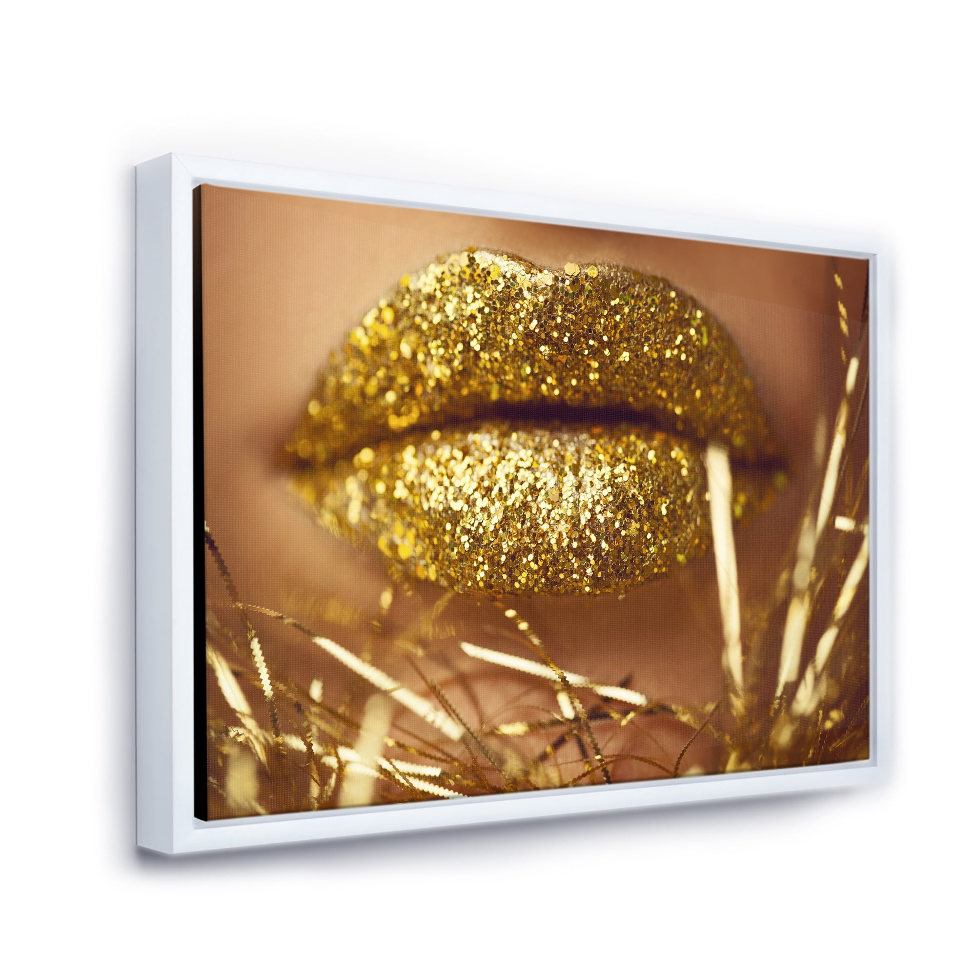 Golden Female Lips 32 in x 24 in Framed Photography Canvas Art Print, by Designart