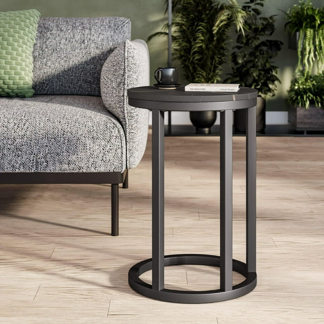 CorLiving Fort Worth Engineered Wood Round Top Indoor Side Table with C-Shaped Steel Base, Black Marbled
