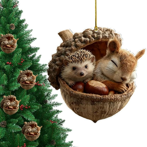 Forest Animal Acorn Ornaments, Animal Ornaments for Woodland Christmas Tree, Forest Animal Acorn Decoration, for Animals Lovers Gifts, 2D Acrylic Hanging Ornament Home Party Décor