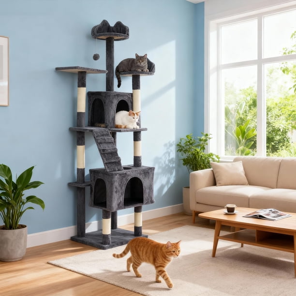 Yeshouse Árbol para gatos IDEALHOUE de 183 cm, torre grande de varios niveles con 6 postes rascadores, 2 perchas, 2 cuevas, hamaca y pompones, condominio de felpa para gatos de interior