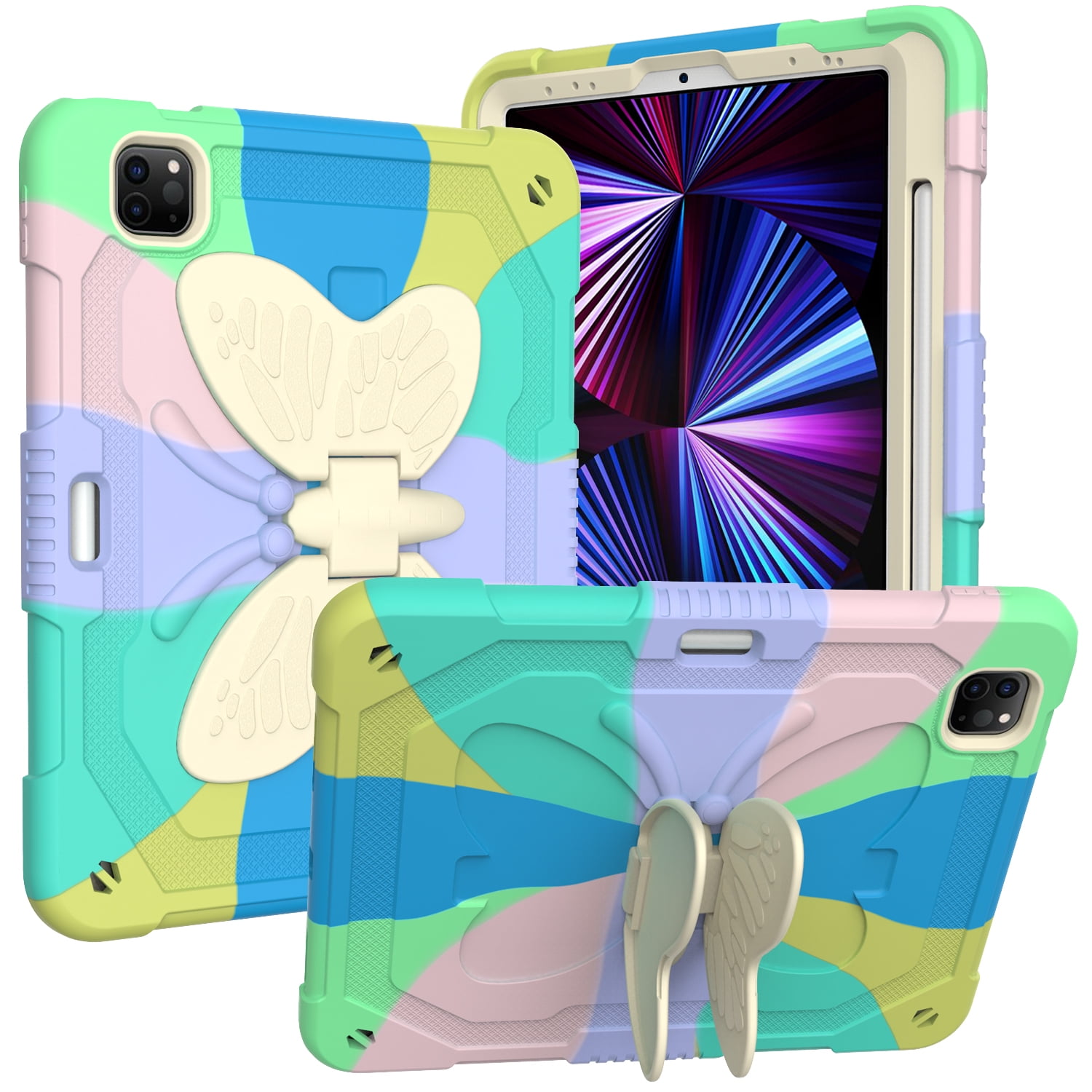 Case For Apple iPad Pro (11 inch) 2024 Butterfly Wings Kickstand Tough 3in1 Hybrid with Pencil Holder Rugged Shockproof with Shoulder Strap Tablet Cover [ Rainbow ]