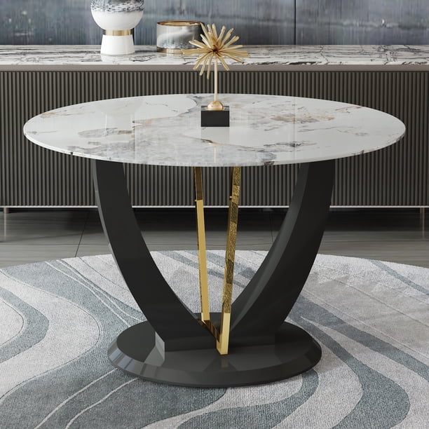FFZ 48 Inch Round Tempered Glass Dining Table with V-Shaped MDF