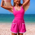 thumbnail image 5 of COMVALUE Women's One Piece Ruched Color Block Trim Tank Top Open Pockets Romper Swimsuit (White, L), 5 of 5