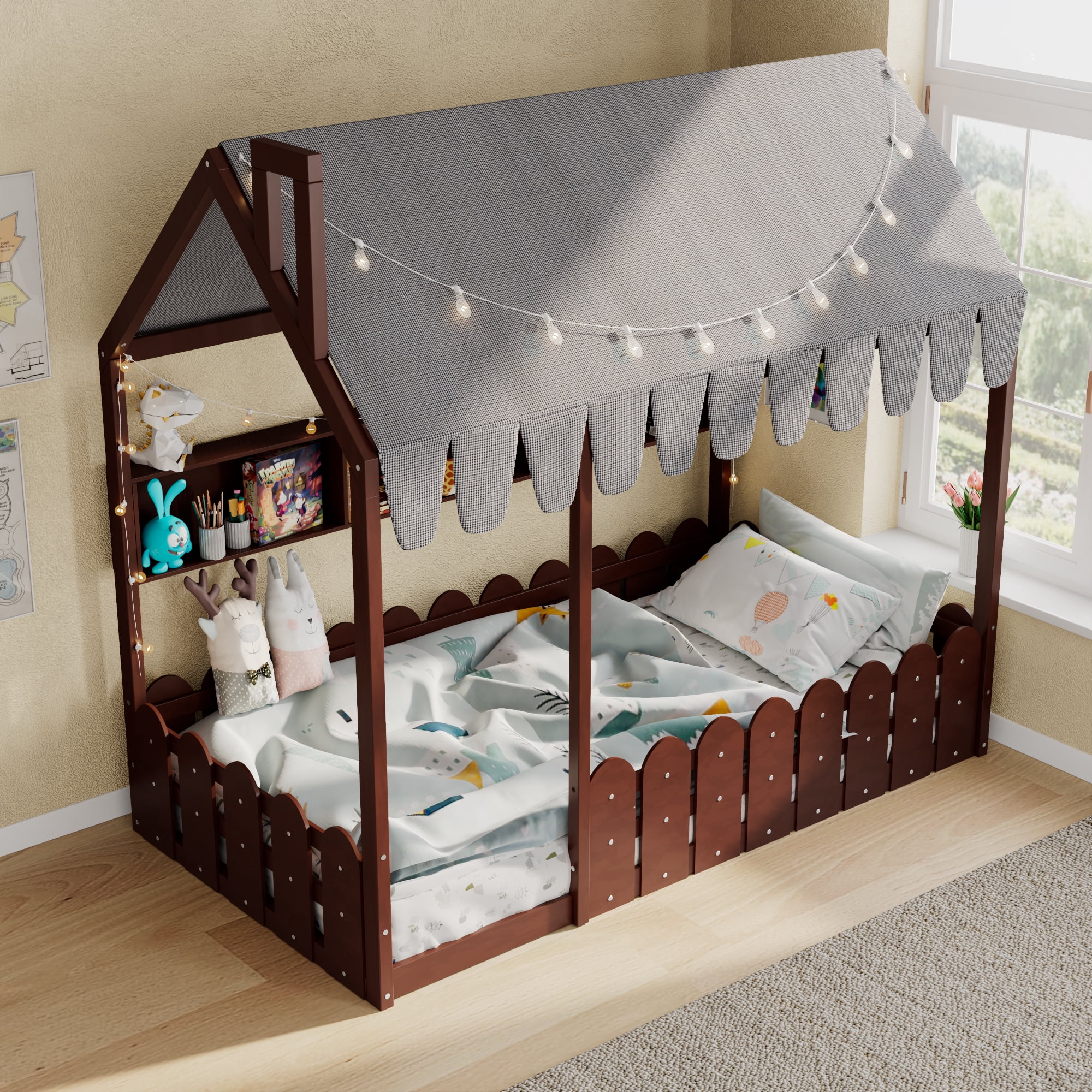 Sailvan Twin Size Montessori House Bed for Kids, Floor Bed with Fence Railings, Slats not included