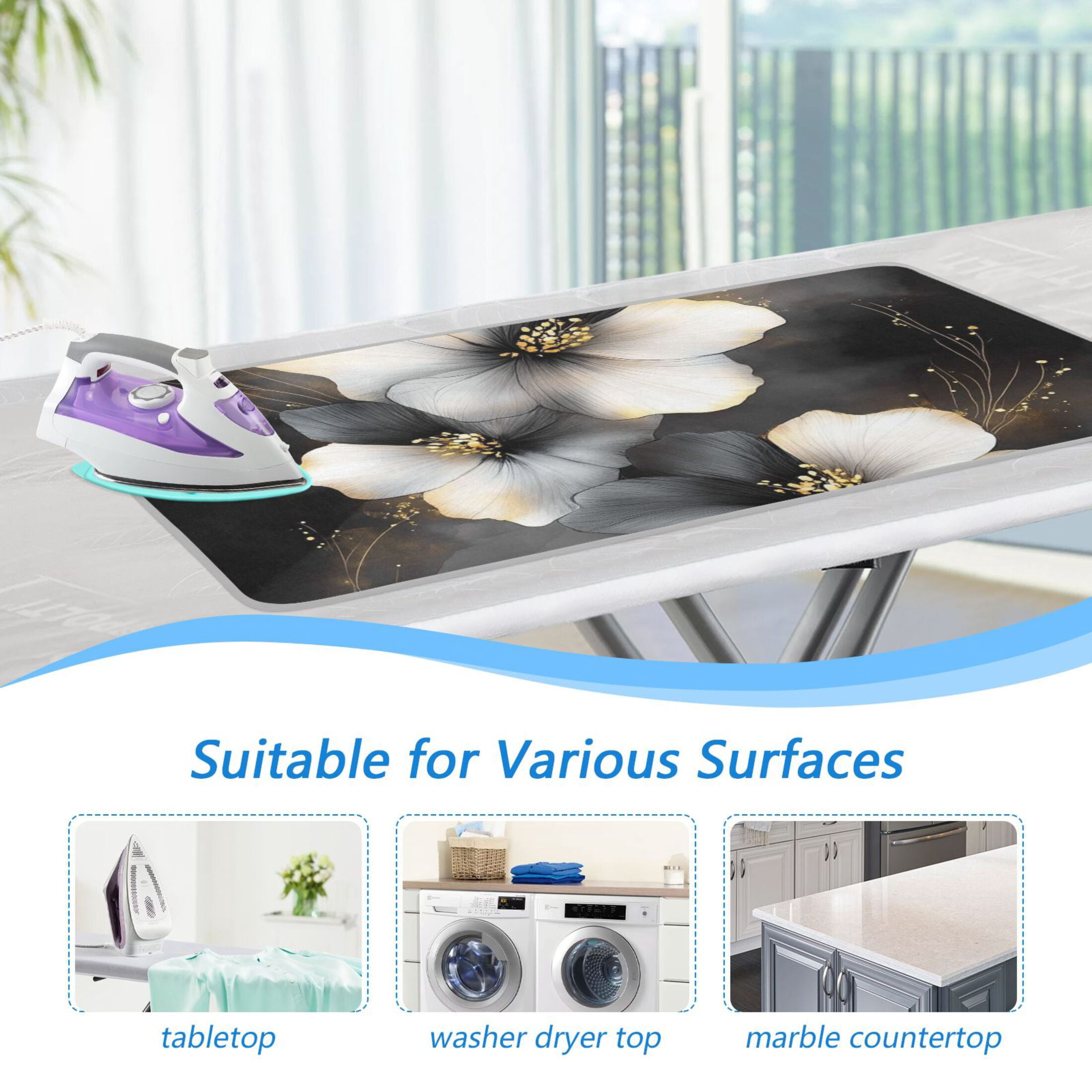 Black and White Flower Ironing Mat Blanket for Table Top Travel Portable Ironing Board Pad 47.2x27.6 Inch
