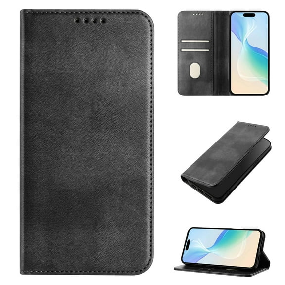 for iPhone 17 Pro Max Wallet Rugged Case, Premium PU Leather RFID Blocking Card Slots Kickstand Classic Full Body Protection Magnetic Function Durable Phone Cover for iPhone 17 Pro Max, Black